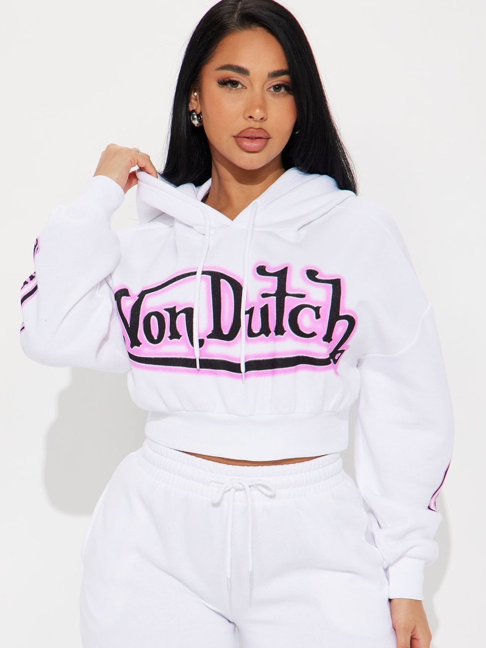 Von Dutch White Cropped Graffiti Hoodie with Pink & Black Logo Script NWT
